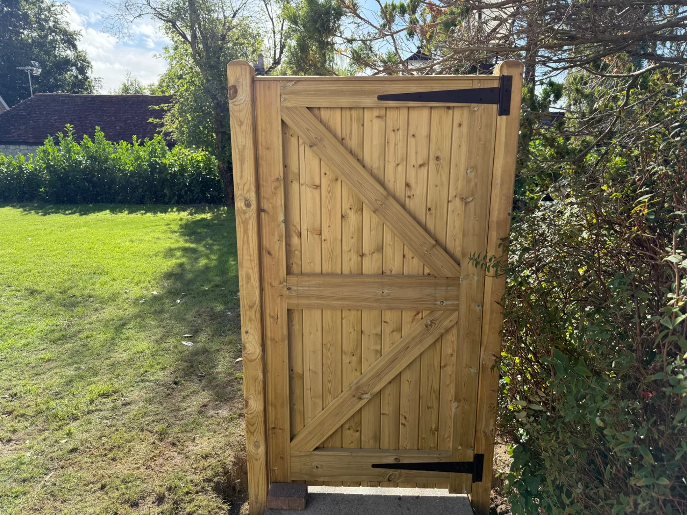 Braced timber side gate hung on new posts in a Farnham garden