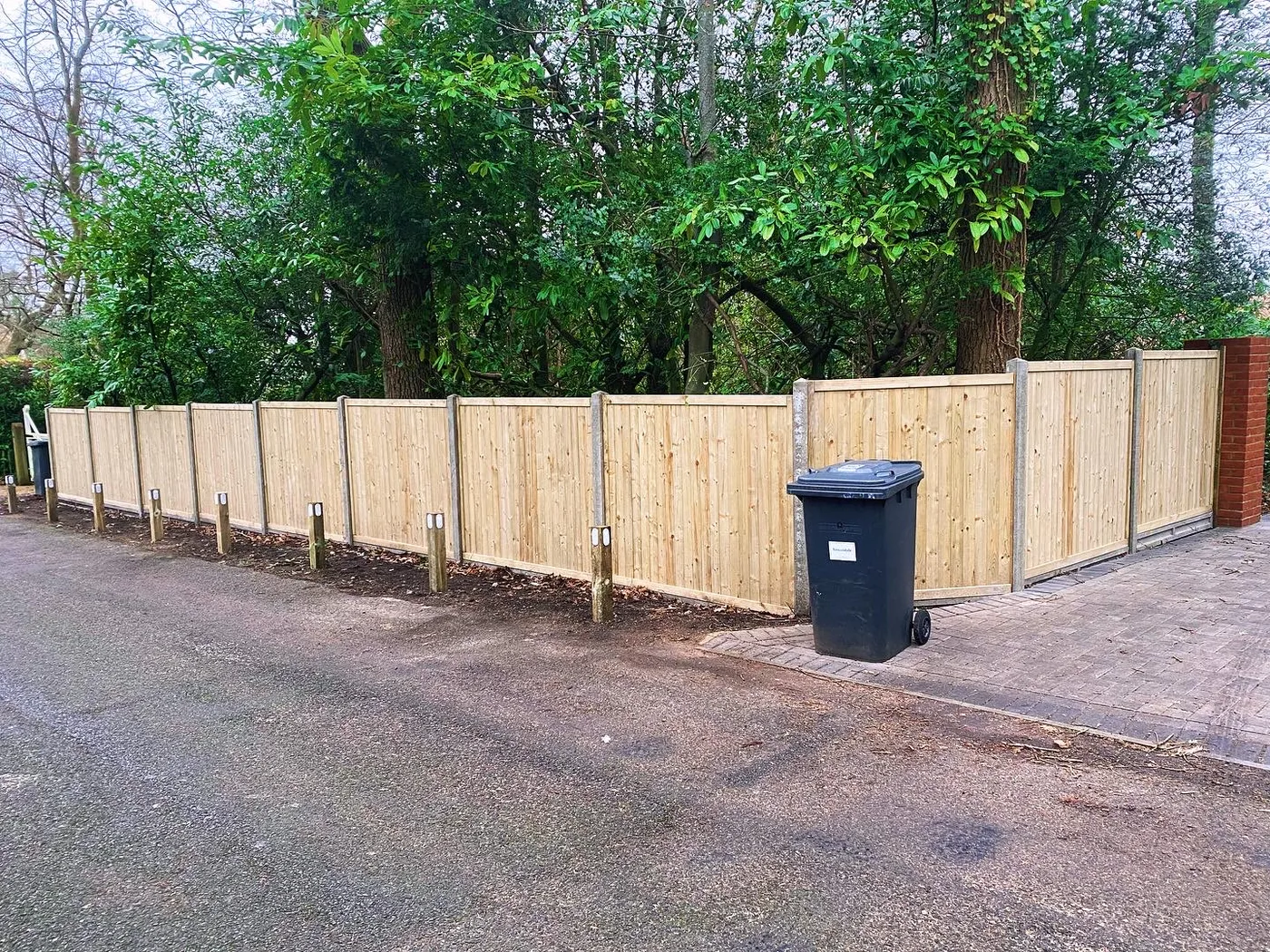 New timber boundary fence panels along a driveway entrance in Surrey